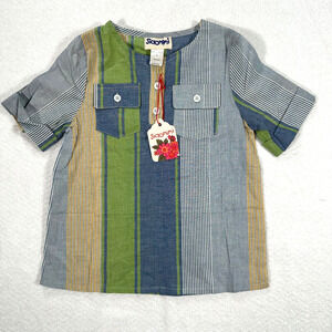 Siaomimi Boys Size 4 Double Pocket Shirt Avocado Stripe Crew Neck Short Sleeve